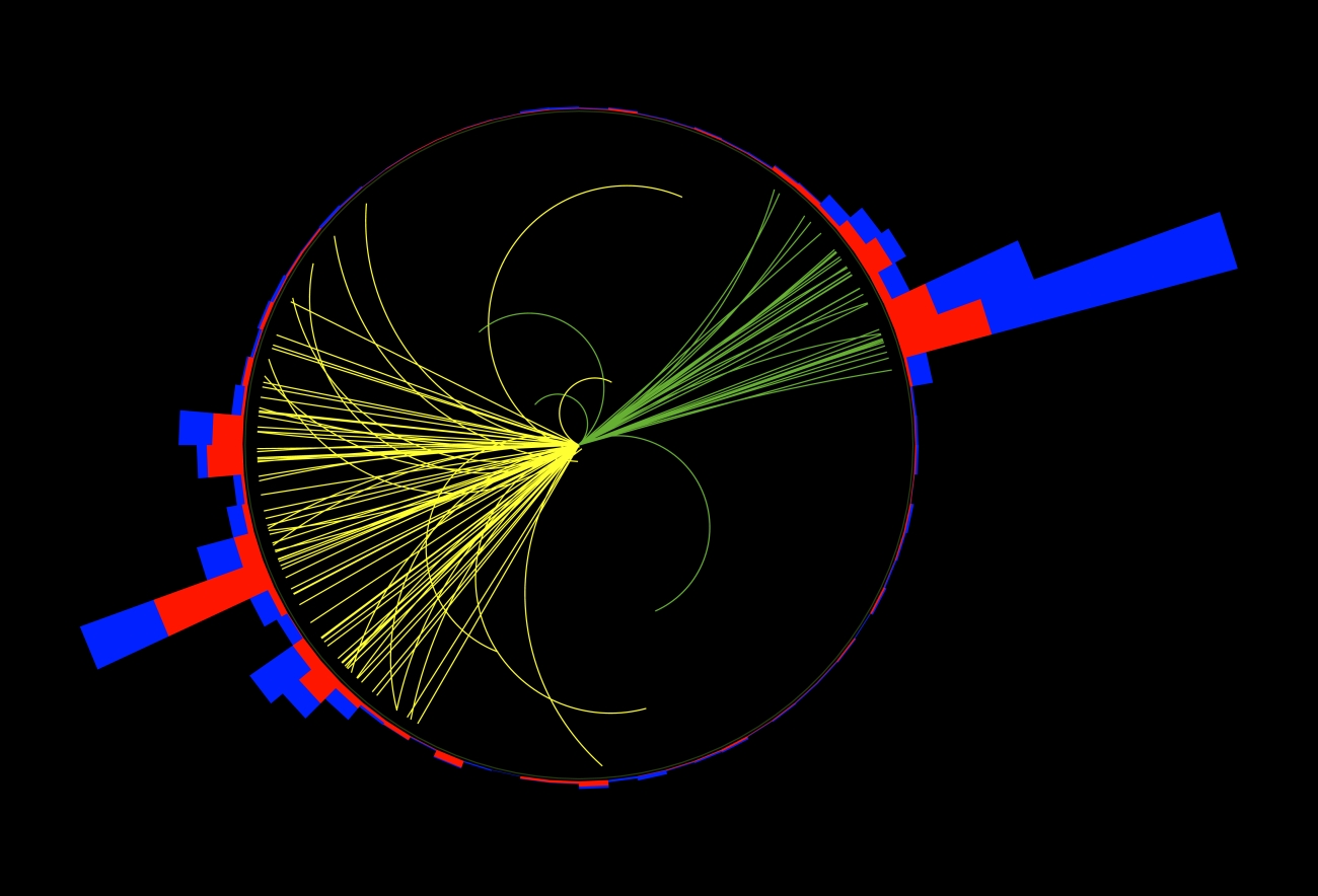 A circle w/ thin yellow lines & curves inside w/ pink & blue rectangles of different sizes coming off the circle left and right.