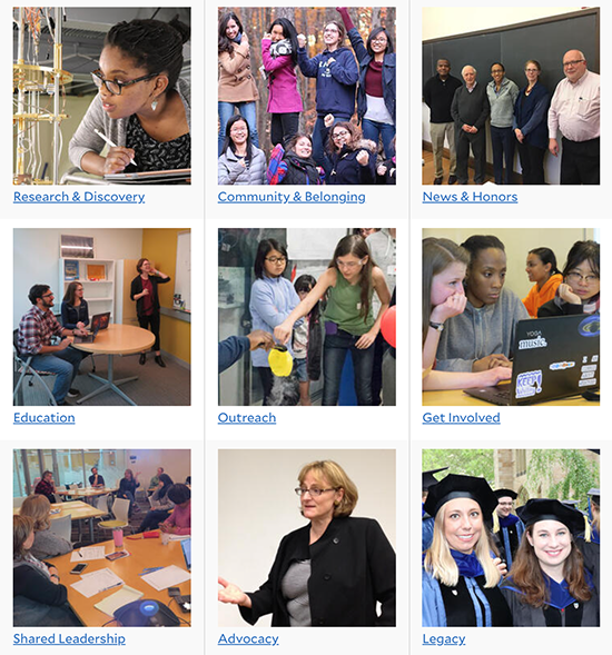 image of Yale Physics diversity webpage with various squares with people in them and captions.