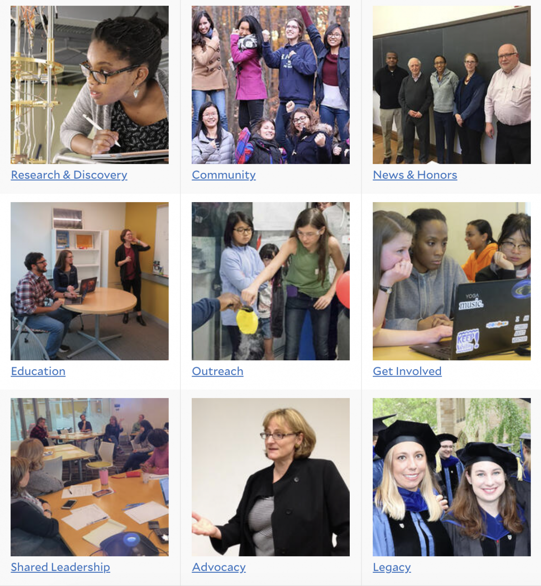 image of Yale Physics diversity webpage with various squares with people in them and captions.