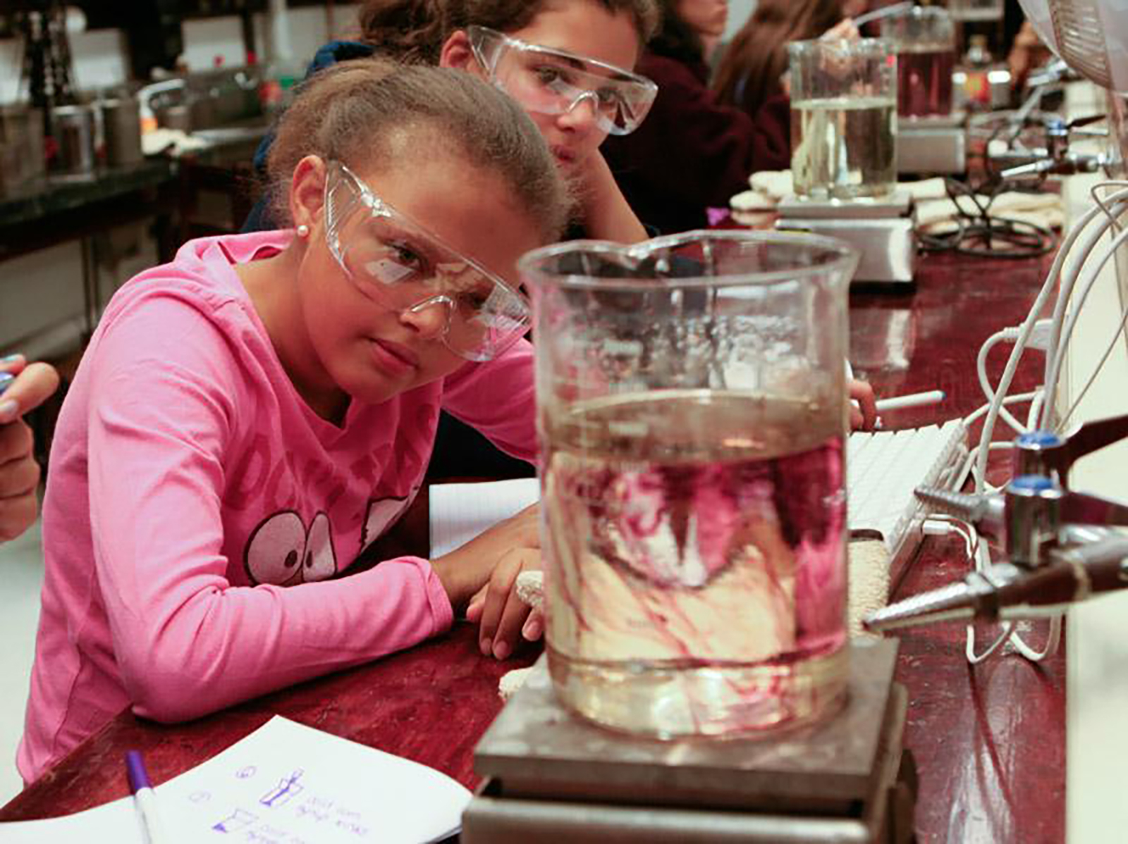 kids sitting in a lab with safety glasses and other equipment.