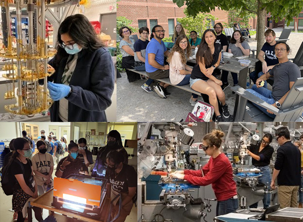 4 pictures of students doing research and other activities in a collage.