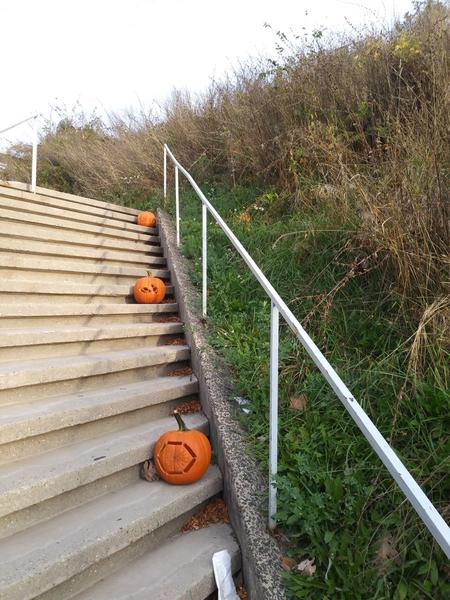 carved pumpkins on stairs