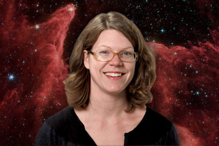 Laura Newburgh headshot in front of astronomy background.