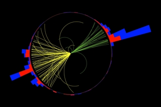 A circle w/ thin yellow lines & curves inside w/ pink & blue rectangles of different sizes coming off the circle left and right.