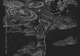 drawing of woman raising hands with planets above and clouds in background.