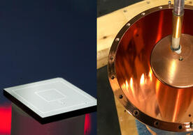 Two pictures of a square with a red and dark blue background and a metal vat with a rod in it.