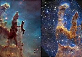 Side-by-side comparison of HST and JWST data of Pillars of creation.