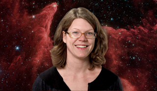 Laura Newburgh headshot in front of astronomy background.