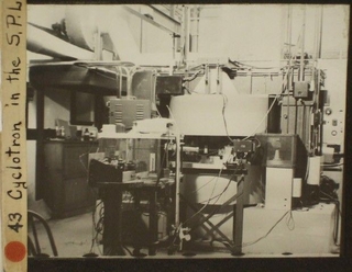 lantern slide image of cyclotron equipment in Sloane Physics Lab.