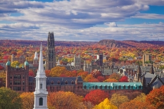 Aerial view of New Haven buildings in the Fall.