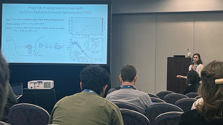 Talia Weiss presenting on Project 8 research at DNP 2025.