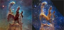 Side-by-side comparison of HST and JWST data of Pillars of creation.