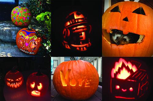 grid of 6 decorated pumpkins