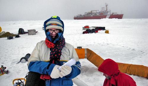 Graduate student Mengnan Zhao, shown here on an ice floe in the Arctic Circle.